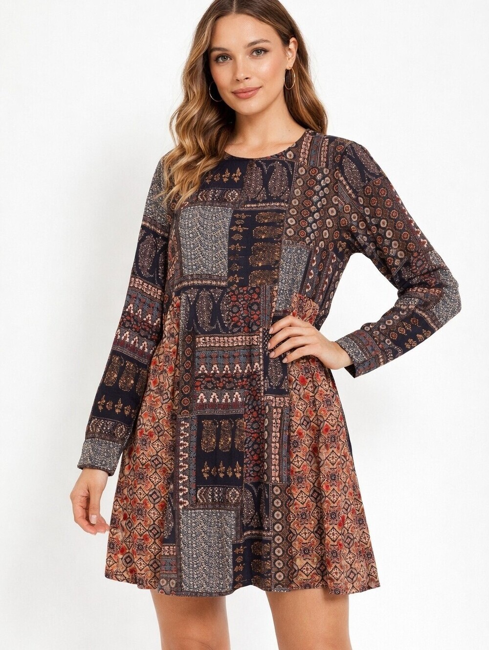 Dee Elle Navy and Multicolor Patterned Dress Size Medium